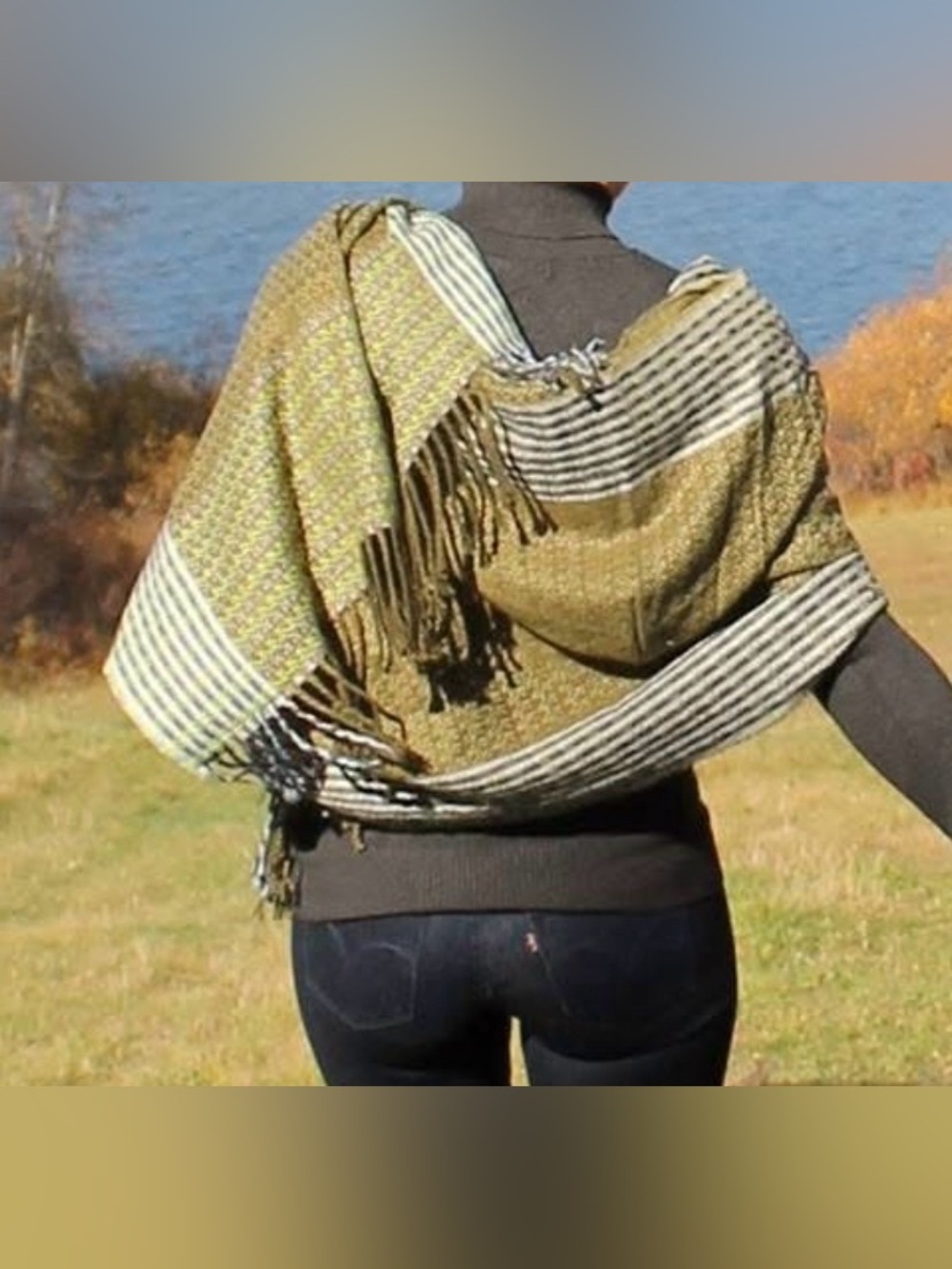 BCBGeneration Olive Green Striped Fringe Hooded Wrap Shawl/ Pancho